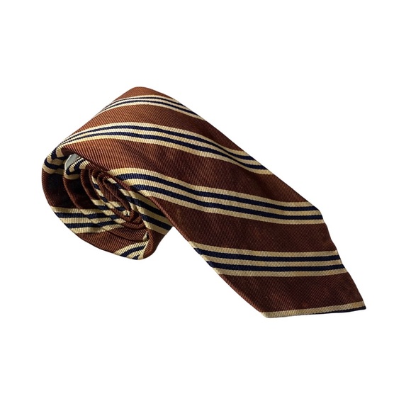 Robert Talbott Hand Sewn for Clipper Shop Clothers Brown Tan Blue Stripe SILK - Picture 2 of 5